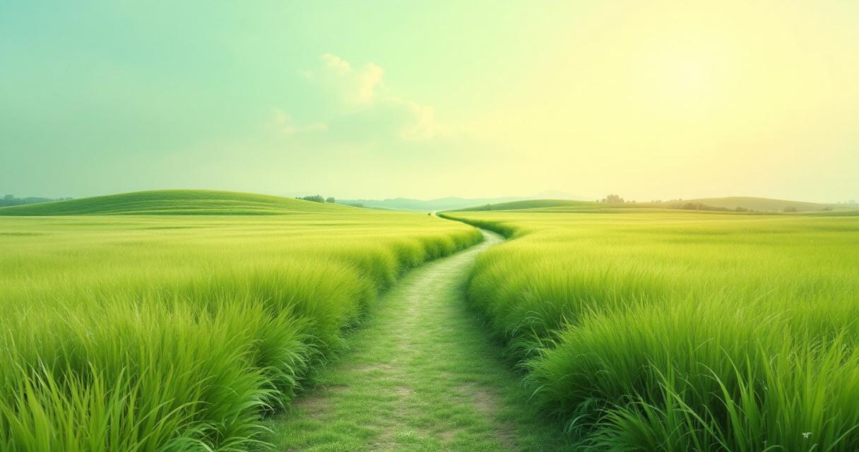 Abstract landscape of a calm path winding through a bright green field under soft daylight