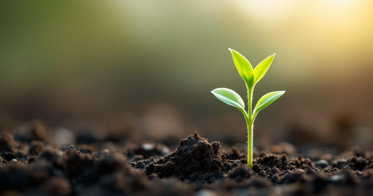 Abstract close-up of a small green seedling sprouting from soft soil in warm morning light, a metaphor for a fresh start, no people and no text