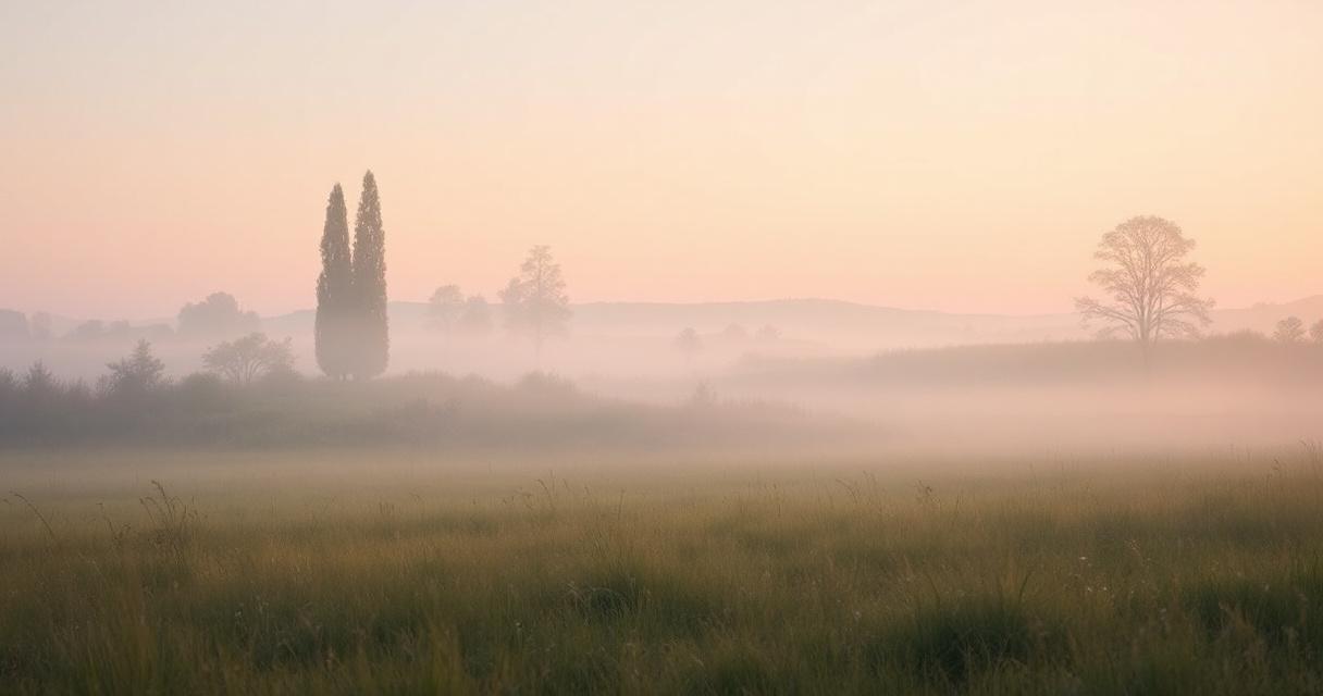 Abstract photograph of a calm green meadow at dawn with soft mist and warm light, no people and no text
