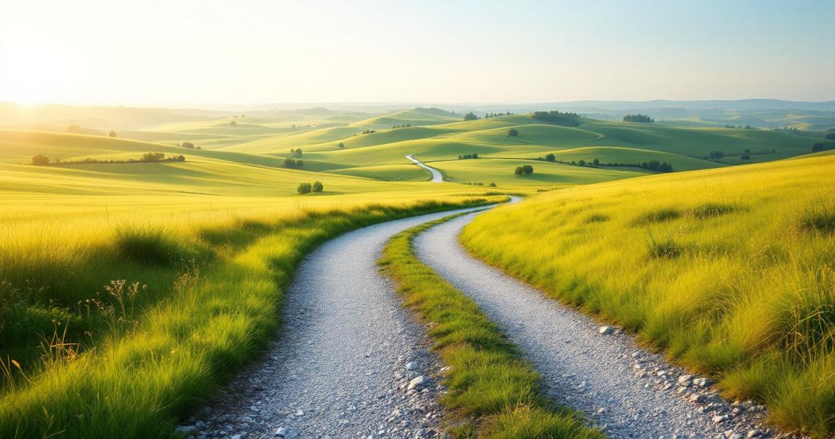 Abstract landscape of a long winding path stretching toward a distant horizon at soft dawn, a sense of a journey over time