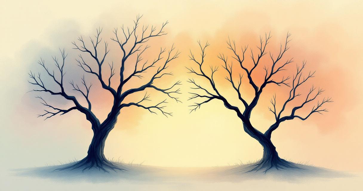 Abstract warm landscape of two strong trees growing side by side in soft golden light, a metaphor for steady support