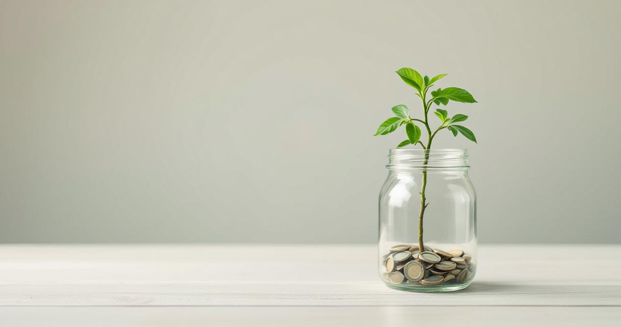 Abstract overhead still life of stacked coins beside a small green seedling on a soft neutral background, calm natural light, no people and no text