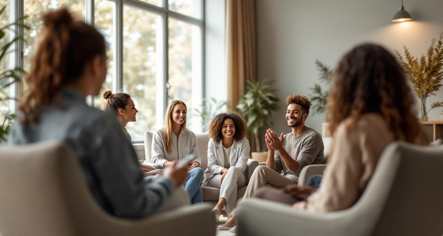 Diverse therapy group in an affirming rehab setting