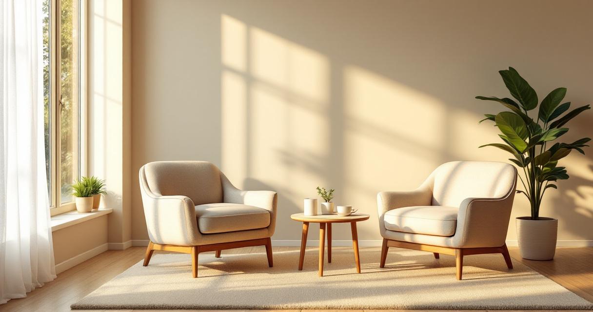 Abstract warm scene of two empty comfortable chairs facing each other near a sunlit window, a metaphor for a collaborative conversation