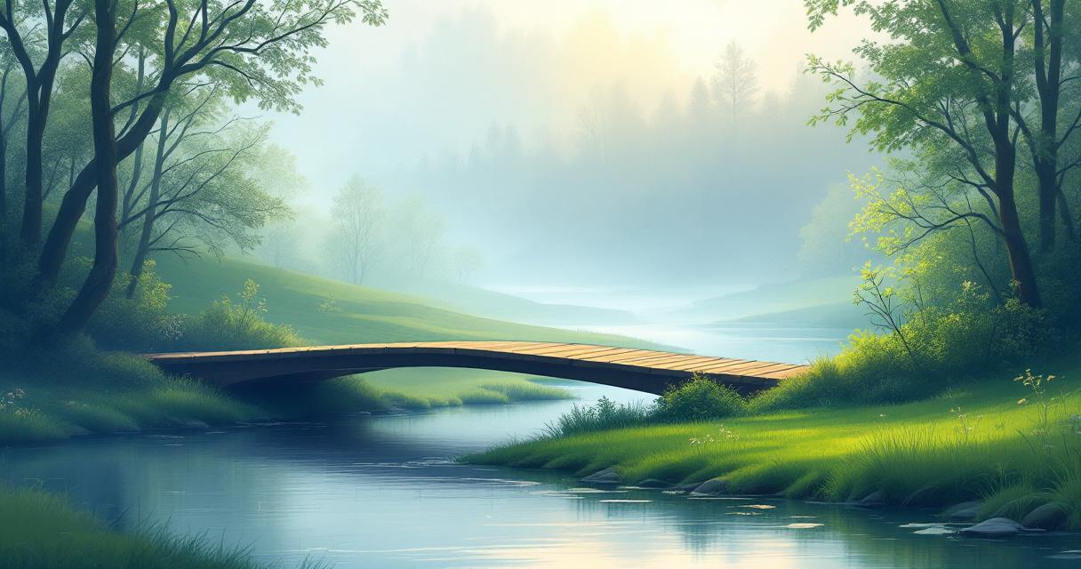 Abstract calm landscape of a sturdy stone bridge arching over still water in soft daylight, a metaphor for a bridge between levels of care